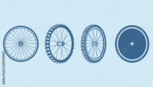 Technical design variations of bicycle wheels and tires showing spokes, tread patterns, and solid disk options.