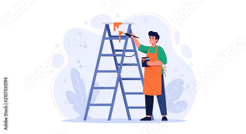 Man painting ceiling while standing on a ladder, home renovation concept, flat design illustration.