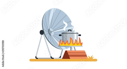Solar Cooker with Parabolic Reflector and Cooking Pot Vector Illustration - Sustainable Renewable Energy and Eco-Friendly Cooking Technology Concept