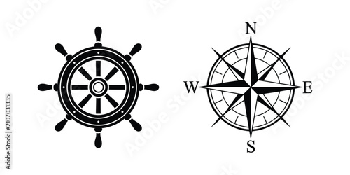 Nautical Symbols with ship wheel, compass rose, maritime navigation, sailing, sea travel, marine equipment and vintage vector illustration