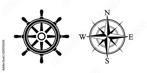 Nautical Symbols featuring ship wheel, compass rose, maritime navigation, sailing equipment, marine adventure, ocean travel and editable vector illustration