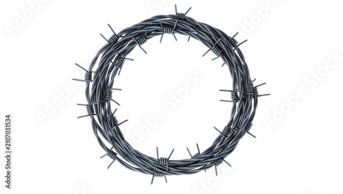 Foto Isolated coil of sharp galvanized barbed wire, a powerful symbol of security and