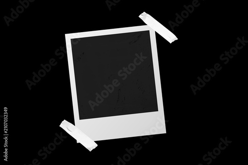 Vintage photo frame card with textured paper and adhesive tape, isolated on black JPEG background