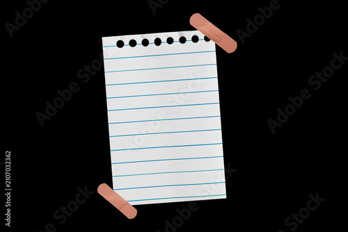 фотографія Piece of notebook paper patched with a torn bandage, isolated black JPEG