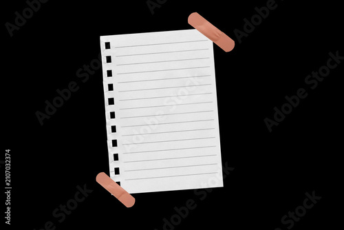 Konstfotografi Piece of notebook paper patched with a torn bandage, isolated black JPEG