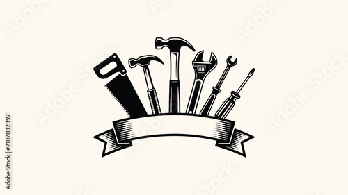 Set of construction tools arranged behind a blank banner for maintenance renovation or repair business signage.