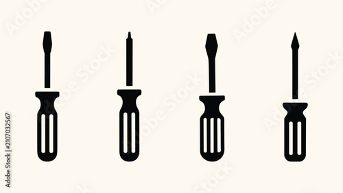 Принти на полотні Set of four different screwdriver types including flathead and phillips head with black handles