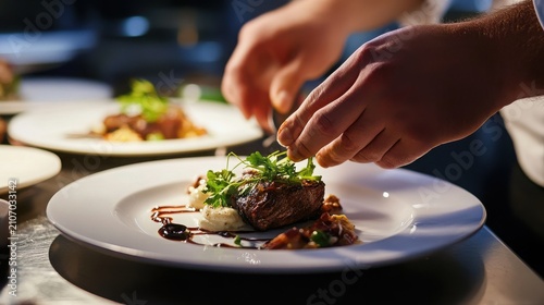 Cook finishes a steak dinner with a balsamic reduction drizzle in a high-end restaurant workspace.