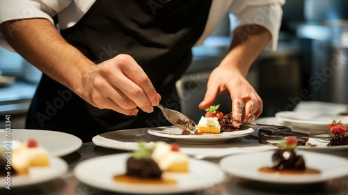Chef prepares multiple dessert plates for a busy dinner service in a restaurant kitchen.