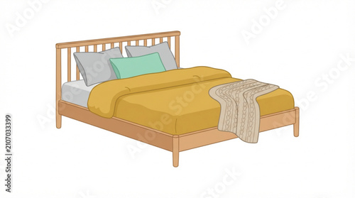 Cozy Scandinavian style double bed flat vector illustration with colorful pillows