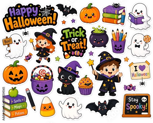 Cute Halloween School Sticker Collection with Witch Wizard Ghost Pumpkin Black Cat Books and Classroom Elements