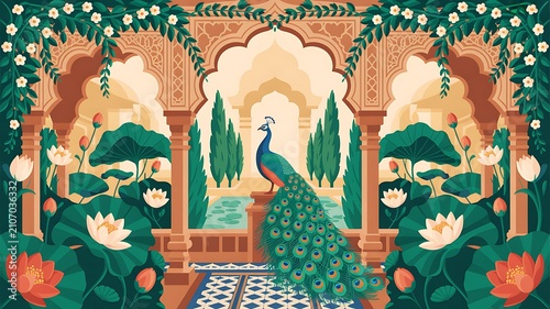 Create a Mughal wedding invitation card design with peacock, royal couple, temple, and Rajasthani palace elements for Sangeet night print vector art with white background..