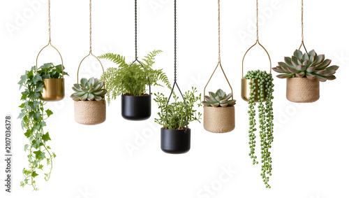 Isolated assortment of six vibrant green houseplants suspended in stylish planters.