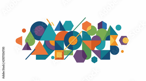 Vibrant abstract arrangement of geometric shapes in a playful colorful composition