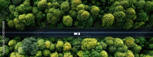 Aerial view of a white car driving on a road through a dense forest