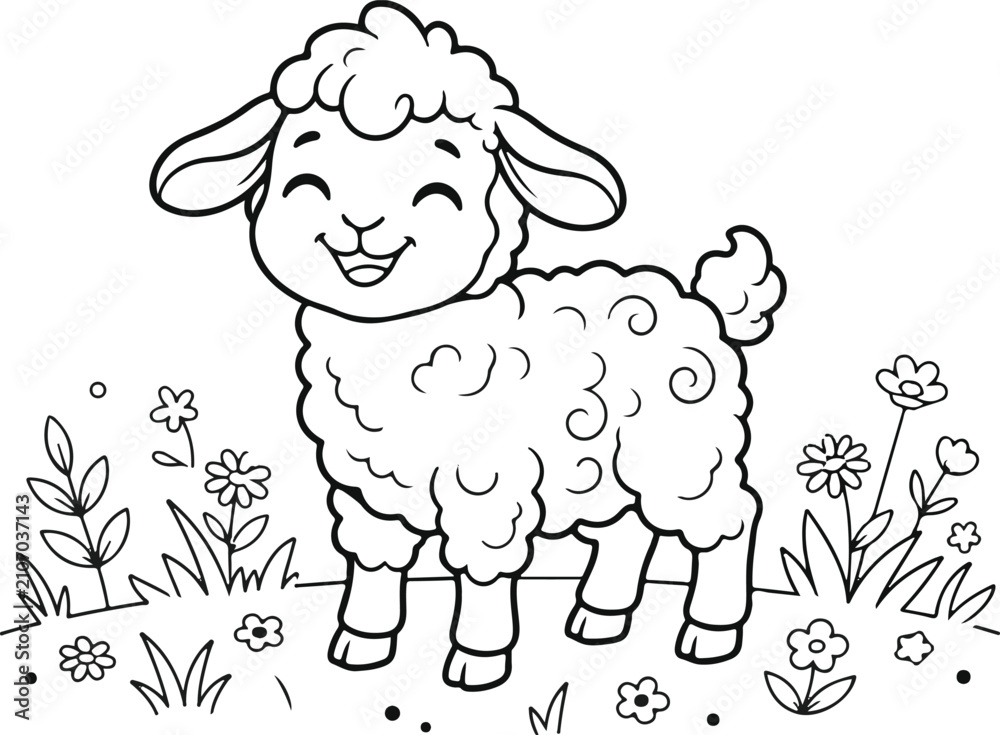 Obraz premium Happy cartoon sheep standing in flower field