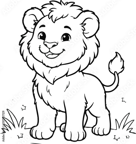 Smiling cartoon lion cub sitting on grass