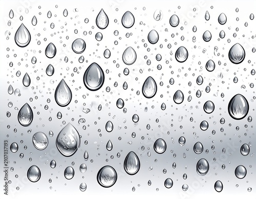 Realistic Transparent Water Droplets and Condensation Pattern on Light Gray Gradient Background