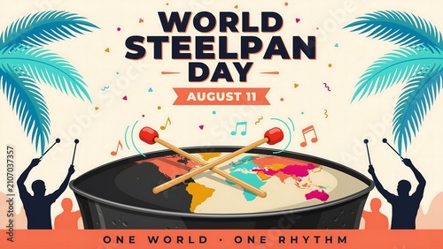 World steelpan day celebration with musicians playing drums