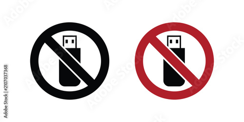 No USB, Flash Drive Sign with removable storage restriction symbol, editable stroke outline, security policy, prohibited device and clipart vector icons