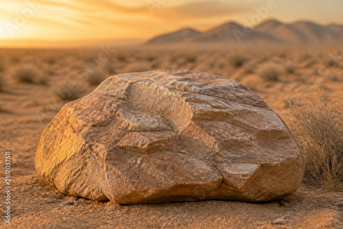 Natural stone on sandy ground at sunset, warm desert texture concept.