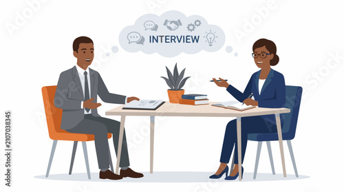 Two professionals in an office setting engaged in an interview