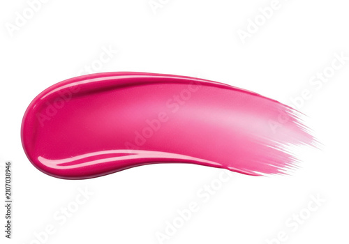 Bright pink lipstick smear or cosmetic makeup swatch on white background