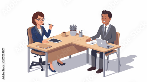Two professionals in business attire discuss work at a corner desk