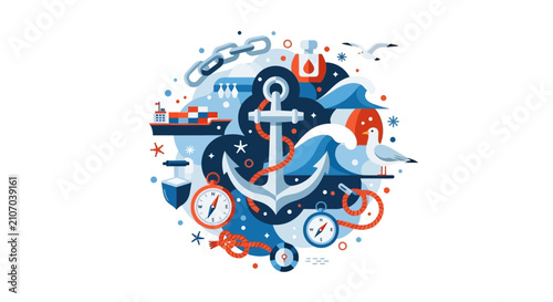 Nautical and Maritime Vector Illustration Featuring Anchor, Compass, Ship, and Sea Elements in a Flat Design Style