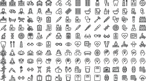 Mega medical and healthcare line icon set featuring hospital clinics pharmacy pills laboratory research dental care cardiology wellness yoga and mental health vector outline symbols