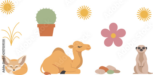 Fotografie Desert wildlife and nature element vector set featuring fennec fox camel meerkat
