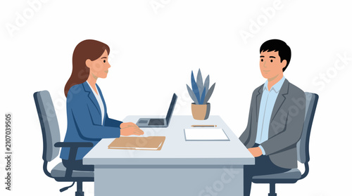 Two professionals in conversation at a desk with a laptop