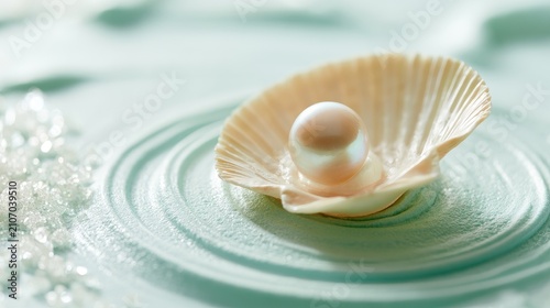 Single iridescent pearl resting in a shell on rippled blue surface