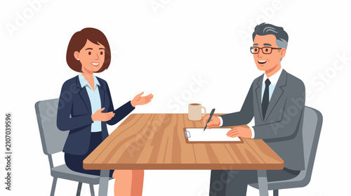 Two professionals in formal attire sit at a wooden table engaged in discussion