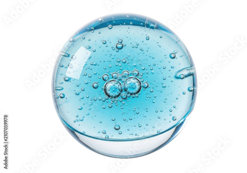 Clear blue gel drop with tiny bubbles isolated on white background