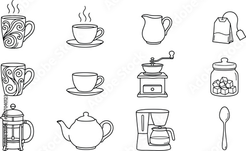 Fényképezés Collection of coffee and tea accessories doodle icons set with hand drawn bevera