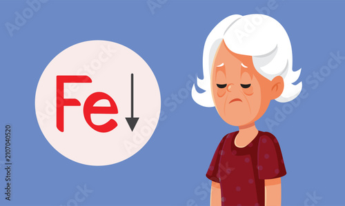 Elderly Woman Suffering From Iron Deficiency Anemia Blood Level Vector. Sick senior grandmother feels weak because inadequate hemoglobin count causes fatigue and dizziness 