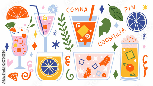 Bild auf Leinwand Collection Of Colorful Cocktail Glasses And Citrus Slices A Playful Vector Illus