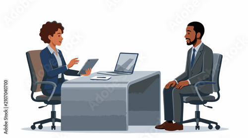 Two professionals in suits discuss a digital tablet at a modern desk
