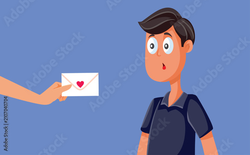 Surprised Man Receiving Romantic Love Letter Envelope Cartoon Vector Illustration. Astonished guy opens secret valentine message feeling unexpected shock and warm affection simultaneously 