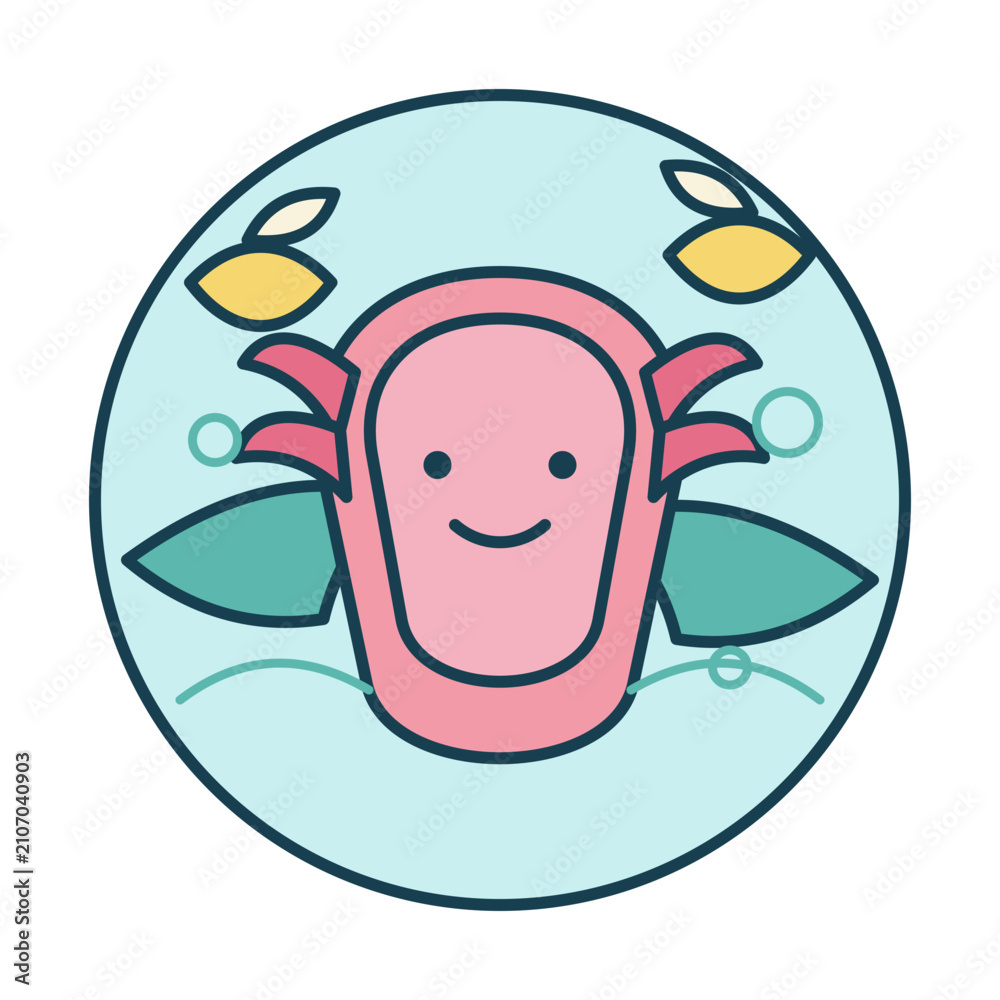 Fototapeta premium Smiling axolotl floating among water lilies