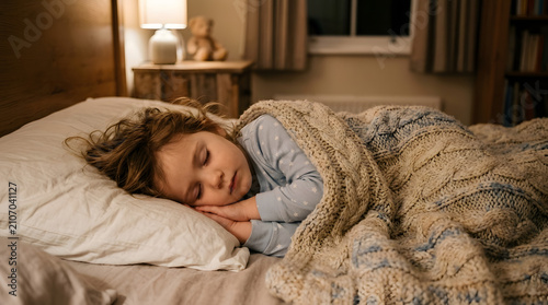 A young child peacefully sleeping in a cozy bedroom with a warm blanket