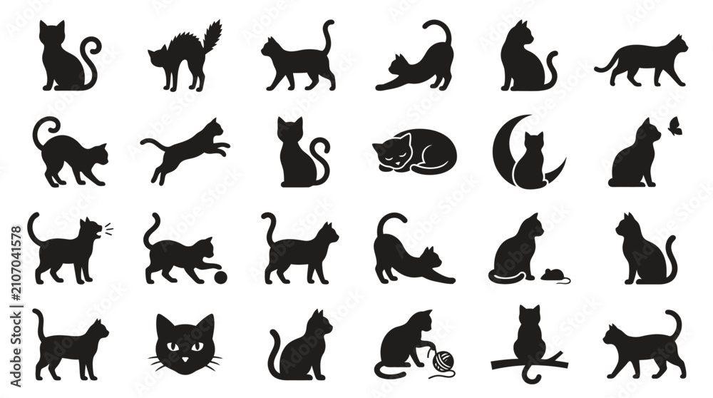 Obraz premium Black cat silhouette collection in various dynamic poses.