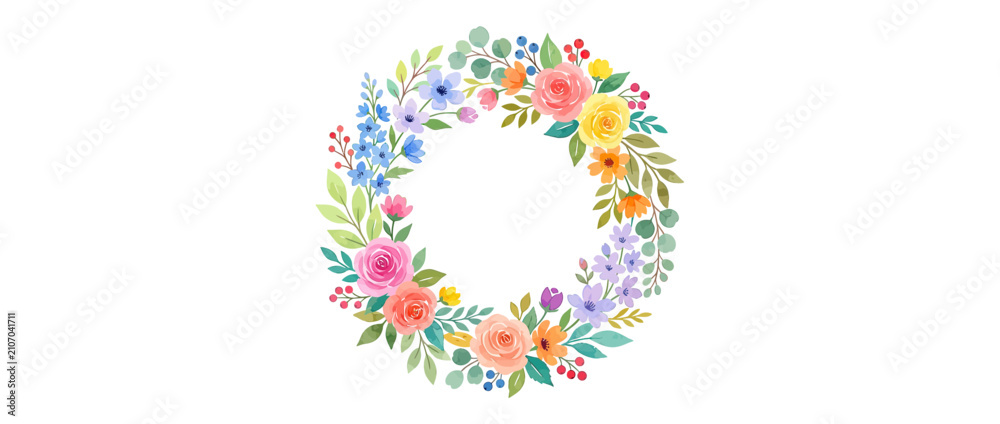 Fototapeta premium Watercolor floral wreath with soft pastel colors
