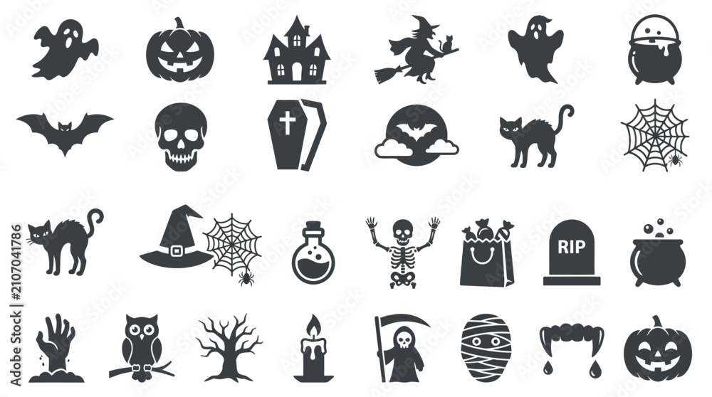 Obraz premium Black silhouette Halloween icons for spooky themed designs.