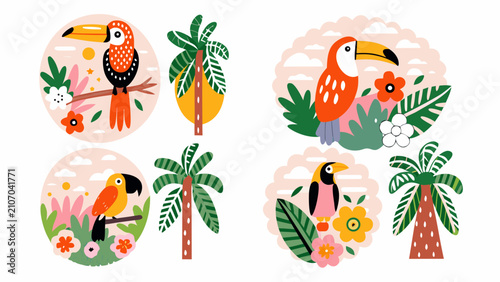 Quadro su tela Toucan illustrations with tropical foliage and palm trees a colorful vector scen