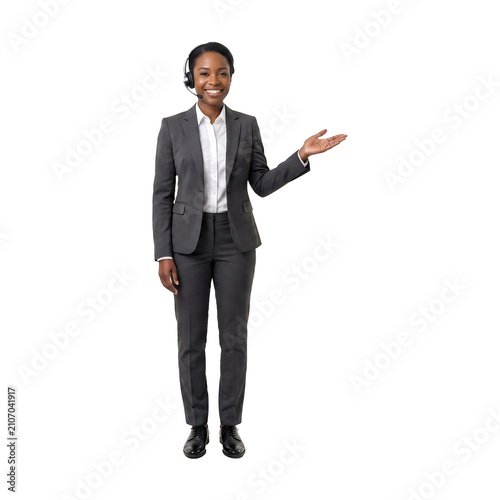 Smiling Customer Support Representative with Headset Presenting Copy Space Isolated on White Background PNG