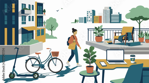 Urban scene with person bicycle scooter and balcony plants