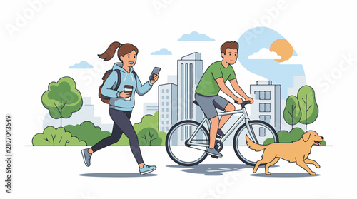 Urban scene with people cycling running and a dog enjoying the outdoors