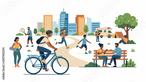 Urban park with diverse people engaged in recreational activities